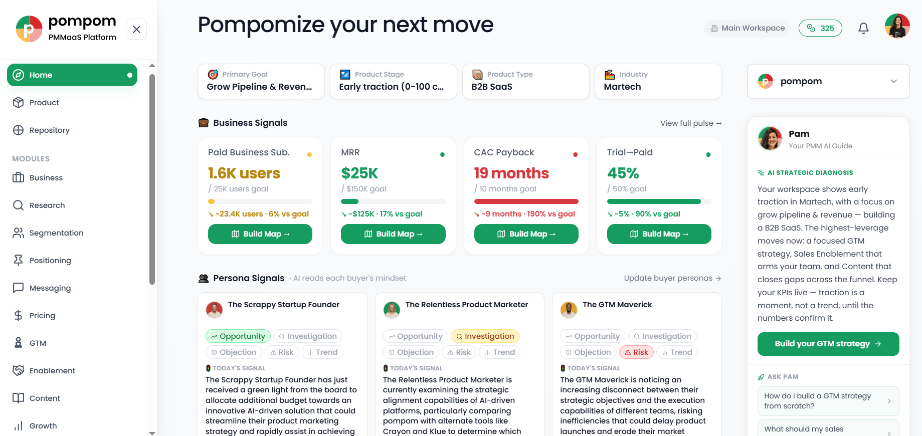 pompom home dashboard with business signals and persona signals